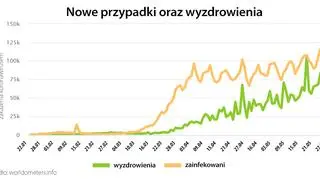 Nowe przypadki oraz wyzdrowienia (worldometers