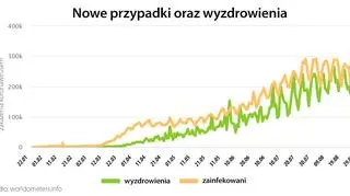 Nowe przypadki oraz wyzdrowienia (worldometers.info)