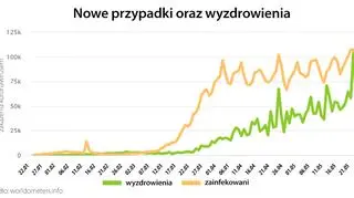 Nowe przypadki oraz wyzdrowienia (worldometers.info)