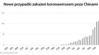 Nowe przypadki zakażenia koronawirusem poza Chinami (tvnmeteo.pl za worldometers.info)