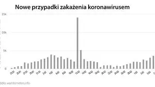 Nowe przypadki zakażenia koronawirusem (tvnmeteo.pl za worldometers.info)