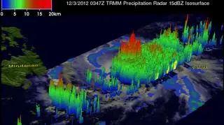 Obraz z radaru satelity TRIMM pokazuje opady i burze wywołane przez tajfun Boha 3 grudnia ( NASA/SSAI, Hal Pierce)