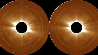 Obserwacje sond STEREO, które pozwoliły naukowcom ustalić zewnętrzną granicę korony słonecznej. Ciemne okręgi na zdjęciach zasłaniają samo Słońce, żeby silny blask nie uszkodził czułych instrumentów