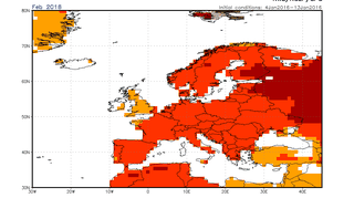 Odchylenie "in plus" średniej miesięcznej  temperatury w lutym od normy