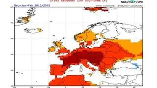 Odchylenie in plus temperatury średniej miesięcznej od normy w okresie grudzień-styczeń-luty