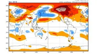 Odchylenie od normy temperatury powietrza na wysokości około 1,5 km w listopadzie 2016 – widoczny obszar chłodu nad wschodnią i środkową Europą