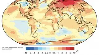 Odchylenie od średniej temperatury lądów i oceanów od stycznia do października 2020 roku (Copernicus Atmosphere Monitoring Service, ECMWF)