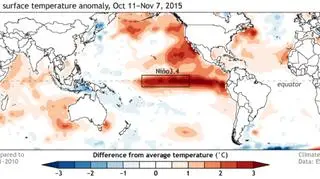 Odchylenie od średniej temperatury Pacyfiku w okresie od 11 października do 7 listopada