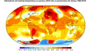 Odchylenie od średniej temperatury w czerwcu 2019 roku w porównaniu do okresu 1880-2019