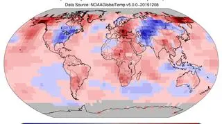 Odchylenie od średniej temperatury w listopadzie 2019 roku (ncdc.noaa.gov)