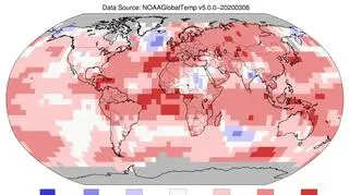 Odchylenie od średniej temperatury w lutym 2020 roku (ncdc