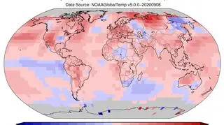 Odchylenie od średniej temperatury w sierpniu 2020 (NOAA)