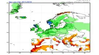 Odchylenie opadów dla grudnia, stycznia i lutego (NOAA)