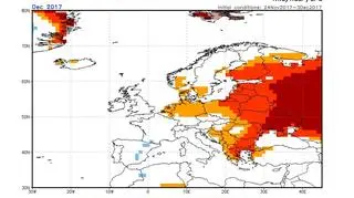 Odchylenie średniej miesięcznej temperatury grudnia 2017 roku (NOAA)