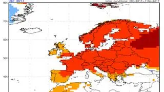 Odchylenie średniej miesięcznej temperatury od normy w grudniu (NOAA)