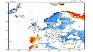 Odchylenie średniej miesięcznej temperatury od normy w lipcu 2016