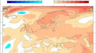 Odchylenie średniej miesięcznej temperatury w lutym (ECMWF)