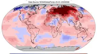 Odchylenie średniej temperatury lądu i oceanów w lutym 2020 od normy z lat 1981-2011 (NOAA)	