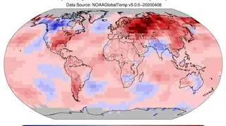 Odchylenie średniej temperatury lądu i oceanów w marcu 2020 od normy z lat 1981-2011 (NOAA)	