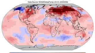 Odchylenie średniej temperatury lądu i oceanów w styczniu 2020 od normy z lat 1981-2011 (NOAA)	