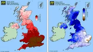 Odchylenie średniej temperatury (po lewej) i sumy opadów (po prawej) zimą 2015/2016 od średniej z wielolecia