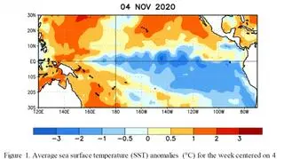 Odchylenie temperatury wód powierzchniowych Pacyfiku w pierwszym tygodniu listopada od normy z wielolecia 1981-2010 (CPC)