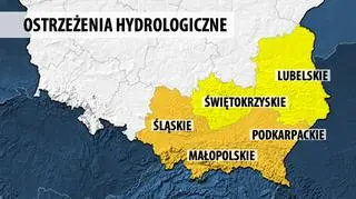 Ostrzeżenia hydrologiczne II stopnia oznaczone są kolorem żółtym, a ostrzeżenia III st. - kolorem pomarańczowym