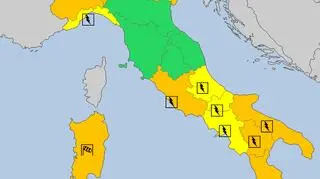 Ostrzeżenia meteorologiczne we Włoszech w poniedziałek rano (meteoalarm.eu)