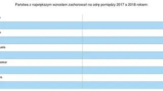 Państwa z największym wzrostem zachorowań na odrę pomiędzy 2017 a 2018 rokiem (tvnmeteo.pl za UNICEF)