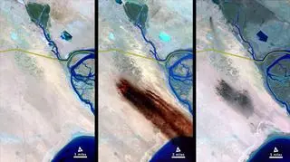 Płonące szyby naftowe w Kuwejcie w ujęciu satelity Landsat 5. Zdjęcie wykonano w 1991 roku (NASA)