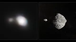 Po lewej zdjęcie planetoidy, po prawej - wizja artystyczna (ESO)