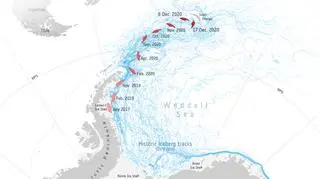 Podróż góry lodowej A-68A (Copernicus Sentinel data (2020)/ESA/Antarctic Iceberg Tracking Database)
