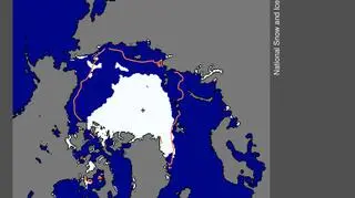 Pokrywa lodowa Oceanu Arktycznego dziś (kolor biały) i w latach 1979-2000 (kolor pomarańczowy) (NSIDC)