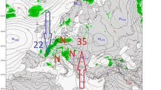 Położenie centrów niżowych w środę rano nad Włochami, Bałkanami i Niemcami (GFS, ClimateReanalyzer.org)