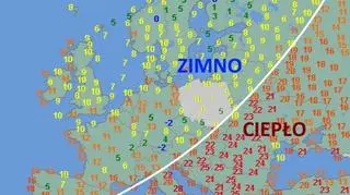 Położenie frontu, który rozdziela ciepłą i zimną masę powietrza. Temperatura w środę 26 kwietnia