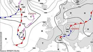 Położenie niżu Daniel w południe w niedzielę 2 maja 2021 (DWD/wetterpate.de)