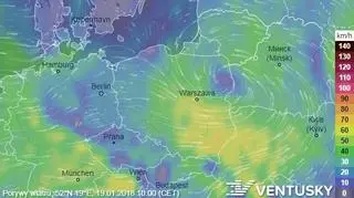 Porywy wiatru w piątek (Ventusky.com)
