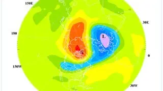 Potężny wir polarny zepchnięty nad Europę i nieco mniejszy nad Amerykę (NOAA)