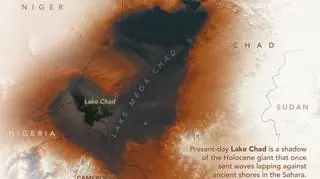 Powierzchnia jeziora Czad dziś i sprzed siedmiu tysięcy lat (NASA Earth Observatory/Joshua Stevens)