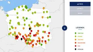 Poziom zanieczyszczenia pyłem PM10 o godzinie 21 (tvnmeteo.pl za GIOŚ)