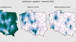 Prawdopodobieństwo wystąpienia klas „poniżej normy”, „w normie” i „powyżej normy” dla liczby dni z opadem w kwietniu 2021 r. według modelu IMGW-Bayes (źródło: IMGW)
