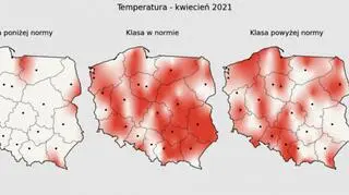 Prawdopodobieństwo wystąpienia klas „poniżej normy”, „w normie” i „powyżej normy” dla średniej temperatury powietrza w kwietniu 2021 r. według modelu IMGW-Bayes (źródło: IMGW)