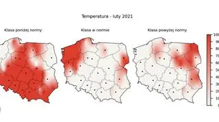 Prawdopodobieństwo wystąpienia klas "poniżej normy", "w normie" i "powyżej normy" dla średniej temperatury powietrza w lutym 2021 r. według modelu IMGW-Bayes