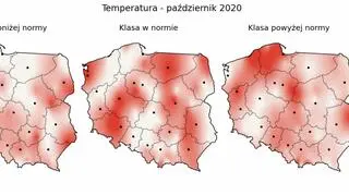  Prawdopodobieństwo wystąpienia klas "poniżej normy", "w normie" i "powyżej normy" dla średniej temperatury powietrza w październiku 2020 r. według modelu IMGW-Bayes (źródło: IMGW)