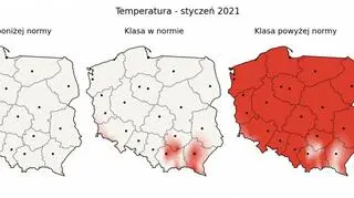 Prawdopodobieństwo wystąpienia klas „poniżej normy”, „w normie” i „powyżej normy” dla średniej temperatury powietrza w styczniu 2021 r