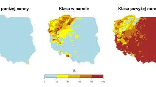 Prawdopodobieństwo wystąpienia klas "poniżej normy", "w normie" i "powyżej normy" dla średniej temperatury powietrza we wrześniu 2020 roku według modelu IMGW-Bayes (IMGW-PIB)