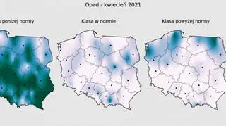 Prawdopodobieństwo wystąpienia klas „poniżej normy”, „w normie” i „powyżej normy” dla sumy opadów w kwietniu 2021 r. według modelu IMGW-Bayes (źródło: IMGW)