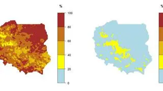 Prawdopodobieństwo wystąpienia klasy "poniżej normy" (mapa po lewej stronie) i "powyżej normy" (mapa po prawej stronie) dla średniej temperatury powietrza w styczniu 2020 r