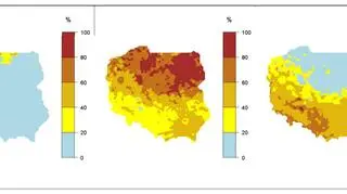 Prawdopodobieństwo wystąpienia kolejno klas "poniżej normy", "w normie" i "powyżej normy" dla średniej temperatury powietrza w lipcu 2020 r