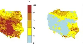 Prawdopodobieństwo wystąpienia kolejno klasy "poniżej normy" (mapa po lewej stronie) i "powyżej normy" (mapa po prawej stronie) dla średniej temperatury powietrza w marcu 2020 r